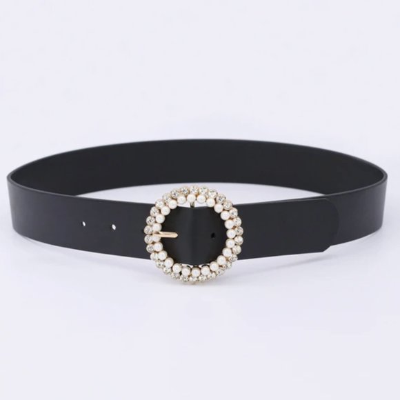 Vegan Leather Pearl and Rhinstone Buckle Belt - Picture 2 of 6